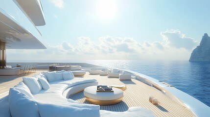 Luxury yacht deck with seating, ocean view.