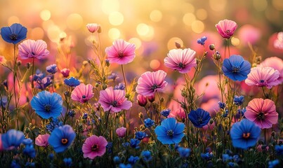A vibrant field of colorful flowers illuminated by soft sunlight, creating a serene and uplifting atmosphere.