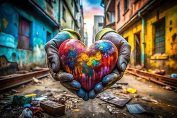 Naklejka premium Urban Decay Heart: Hands Holding Symbolic Heart, Charity, Support, Hope