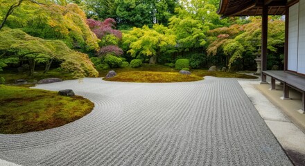 Serene rock garden with manicured gravel patterns and vibrant greenery