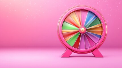 Obraz premium A vibrant pink fortune wheel with colorful sections, ready to spin and offer exciting prizes, set against a clean background, perfect for online shoppers and gaming enthusiasts