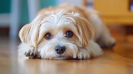 Playful dog lying on floor with big eyes, looking adorable and curious. This cute pet exudes sense of warmth and companionship in cozy indoor setting