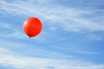 Peaceful red balloon floating in a vast blue sky with delicate white clouds
