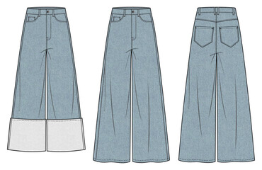 Women’s  Jeans, Denim pant, Front and Back View Vector Fashion Illustration , CAD, Technical Drawing, Flat Drawing, Mockup, Template.