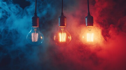 Three illuminated Edison bulbs in blue and red smoke.
