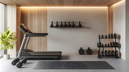 Modern Basement Workout Area Featuring a Sleek Treadmill and Organized Weight Equipment in a Bright and Inviting Space with Natural Light
