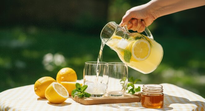 Fresh lemonade with mint and honey on sunny day