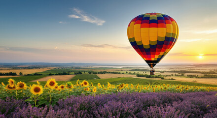 Fototapeta premium Colorful hot air balloon above vibrant field of sunflowers and lavender at sunset