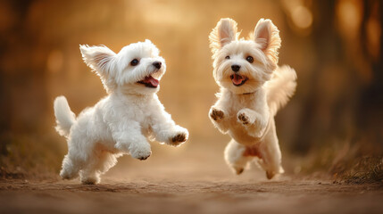 Playful dogs running joyfully in sunny outdoor setting, showcasing their energy and happiness. Their fluffy fur and excited expressions create delightful scene