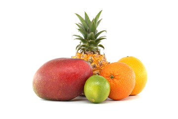 Fresh Tropical Fruits Including Mango, Lime, and Pineapple