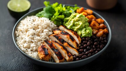 Fototapeta premium A Vibrant Burrito Bowl Filled with Seasoned Rice, Grilled Chicken, Black Beans, Fresh Avocado, and Topped with Cilantro, Perfect for a Healthy and Delicious Meal