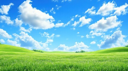 Fototapeta premium A wide view of green meadows and gently sloping hills under a vivid blue sky with scattered white clouds, ideal for a nature-inspired banner