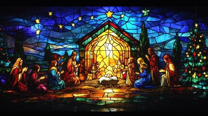 Fototapeta premium Beautiful stained glass artwork of the Nativity scene, with glowing colors and ornate Christmas accents, ideal for festive decoration banners