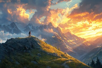 A biker riding along a mountain pass in the Austrian Alps at sunset, with a stunning dramatic sky and breathtaking alpine scenery.