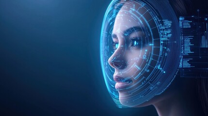 A futuristic portrait of a woman with a digital interface overlay, symbolizing technology and artificial intelligence.