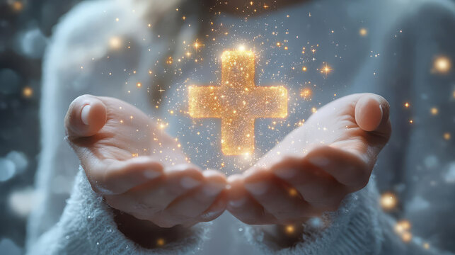 A close-up of hands holding a glowing health symbol, representing hope and well-being.
