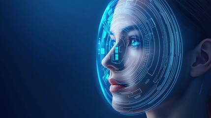 A futuristic portrait of a woman with digital facial overlays, symbolizing technology, innovation, and artificial intelligence.