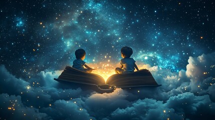 Two boys reading a magical book on clouds under a starry sky.