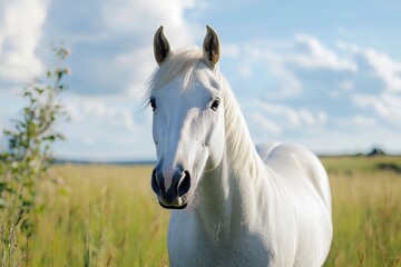 portrait of white horse with the blossoming apple tree on the background 