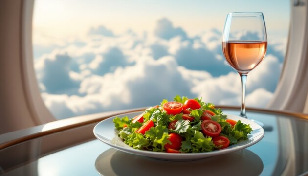 Sky-High Dining, Enjoying a Fresh Salad and Ros� Above the Clouds in a Private Jet