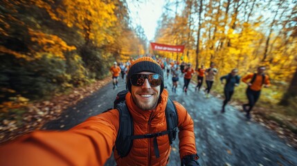 A joyful runner captures a selfie in a vibrant autumn marathon event.