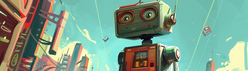 A whimsical illustration of a quirky robot character in a retro-futuristic setting