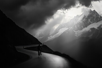 A biker riding along a mountain pass in the Austrian Alps at sunset, with a stunning dramatic sky and breathtaking alpine scenery.