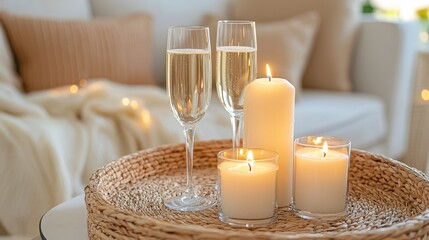 Setting a festive new year's eve table with candles and glasses in a cozy living room for a celebration