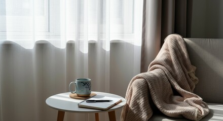 Cozy scene with knit blanket on sofa, table mug, and closed curtain windows