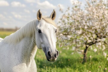 portrait of white horse with the blossoming apple tree on the background 