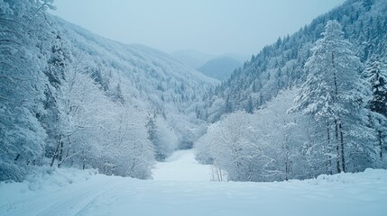 Obraz premium Experience the tranquility of freshly fallen snow in a serene mountain landscape winter wonderland nature photography snowy environment aerial view peaceful retreat