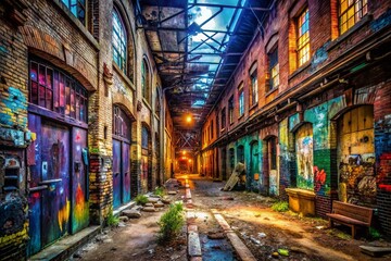 Urban Exploration: Grungy Cityscape, Graffiti Art, Abandoned Building, Mysterious Alleyway, Dark Atmosphere