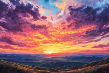 Fototapeta premium A breathtaking sunset view with a camping tent in the foreground, the vibrant sky and natureâ€™s serenity creating a peaceful ambiance.