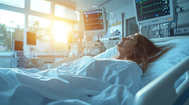 serene hospital ICU room with patient resting peacefully, surrounded by medical equipment and natural light. atmosphere conveys hope and tranquility