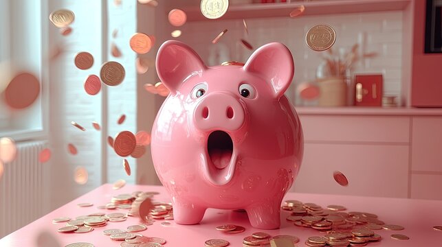 A pink piggy bank surrounded by scattered coins, symbolizing savings and financial growth.