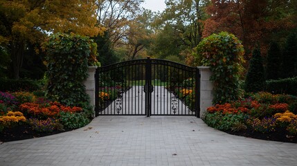 Obraz premium Elegant Wrought Iron Gate with Ornamental Garden Decorations and Colorful Flowers in Fall Landscape