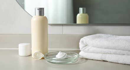 Skincare product bottles and cream on bathroom counter with towels