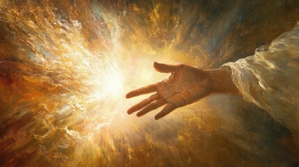 Bright and warm image of Jesus Christ hand reaching out, bathed in divine light, conveying the spiritual concept of love and redemption