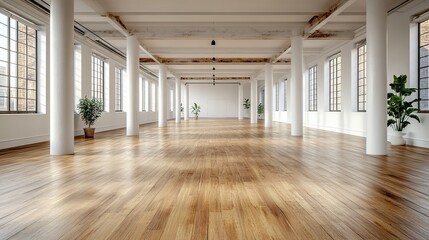 A spacious, well-lit interior with wooden flooring and large windows, ideal for events or gatherings.