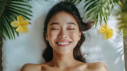 cheerful woman enjoying body therapy session surrounded by tropical leaves and flowers. Her relaxed expression conveys tranquility and happiness