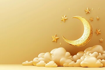 Ramadan Kareem 3d illustration. Crescent, Moon, clouds on Muslim feast. Holy islam religious month. Ramadan mubarak invitation paper cut. Sleep bedtime, World sleep day. Golden decor and copy space. 