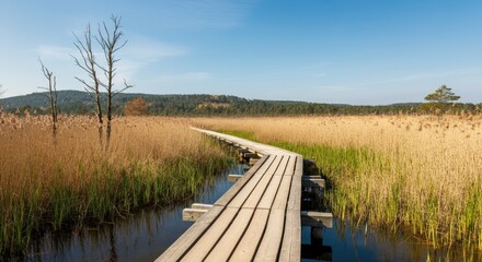Obraz premium Serene boardwalk path through tall reeds by marshland Barren trees and hills in background Clear blue sky