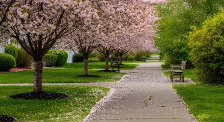 Pathway with blooming pink trees, green bushes, and wooden benches in park during spring