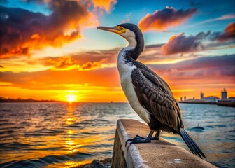 Urban Exploration: Pied Cormorant Perched on Seawall at Sunset