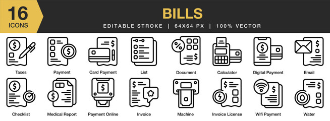 Bills icon set. Editable Stroke Icon Collection. Includes money, finance, bill, payment, invoice, banking, tax, and More. Outline icons vector collection.
