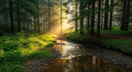 Obraz premium Sunlight gently filters through dense forest, illuminating tranquil stream and lush greenery