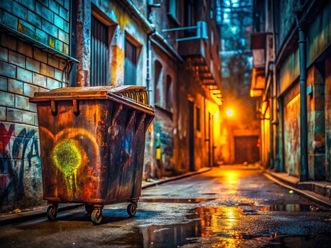 Urban Exploration: Rusty Altpapiertonne in Alleyway - Stock Photo