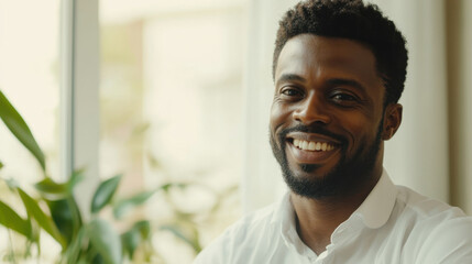 smiling man with beard sitting by window surrounded by plants, exuding warmth and positivity. His friendly demeanor creates welcoming atmosphere