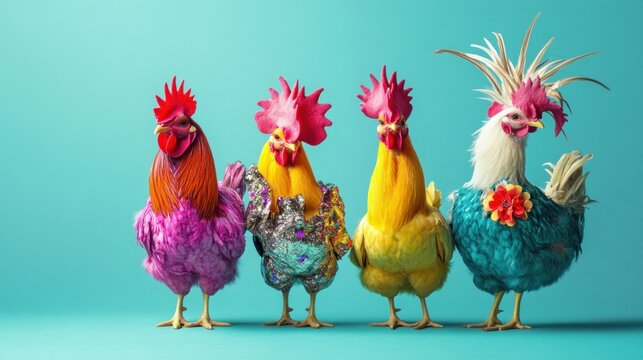 Chickens dressed in high-fashion outfits with vibrant colors and funky details, isolated on a pastel blue background for a fun and whimsical ad concept