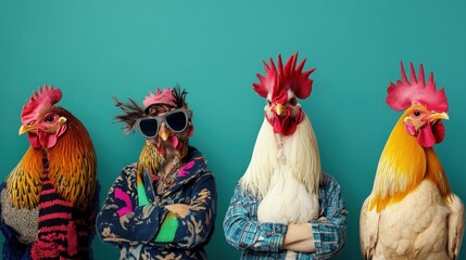 Chickens in quirky and chic attire, featuring bold colors and unique designs, isolated on a solid teal background, perfect for an unconventional ad campaign